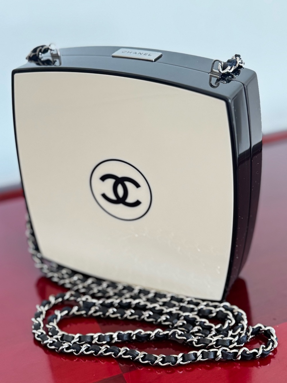 CHANEL Rare White & Black Plexiglass CC Clutch Crossbody Authenticity card